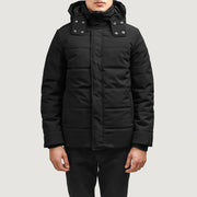 Exton Nero Hooded Down Puffer Giacca in Pelle da Uomo in Black Full-Grain Leather - Vista frontale e linea su misura | Acquista online