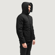 Exton Nero Hooded Down Puffer Giacca in Pelle da Uomo - Lateral Side Profile View Showing Sleeve Cut &amp; Athletic Taper Fit