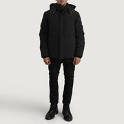 Dettaglio ravvicinato of Classic Collar &amp; Zipper With Placket. Hardware on Exton Nero Hooded Down Puffer Giacca in Pelle da Uomo