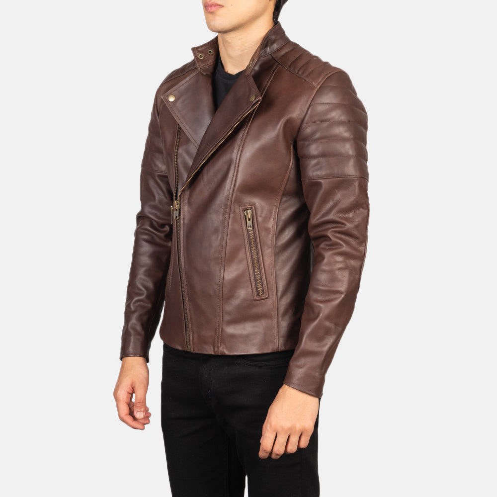 Styled Fit Perspective of Men's Faisor Mocha Suede Biker Jacket on Model - Natural Daylight Drape