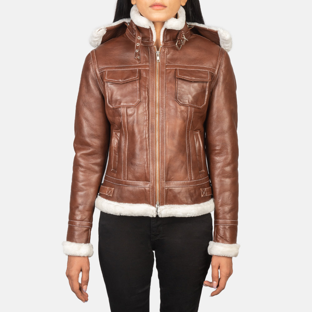 Women's Fiona Brown Hooded Shearling Leather Jacket in Brown Sheepskin Snuffed - Vista frontale e linea su misura | Acquista online