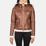 Women's Fiona Brown Hooded Shearling Leather Jacket in Brown Sheepskin Snuffed - Vista frontale e linea su misura | Acquista online
