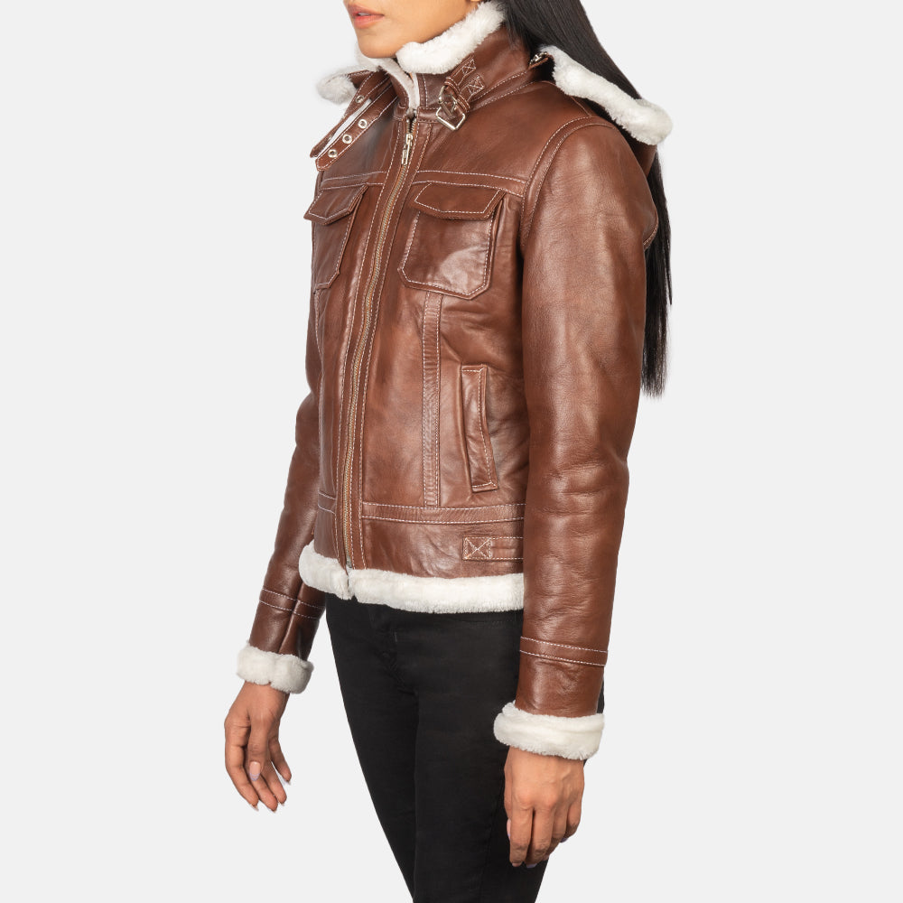 Brown Sheepskin Snuffed Bomber Jacket - Vista posteriore Showing Tailored Shoulder Fit &amp; Clean Hemline