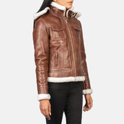 Dettaglio ravvicinato of High Neck with Belt &amp; Zipper Hardware on Women's Fiona Brown Hooded Shearling Leather Jacket