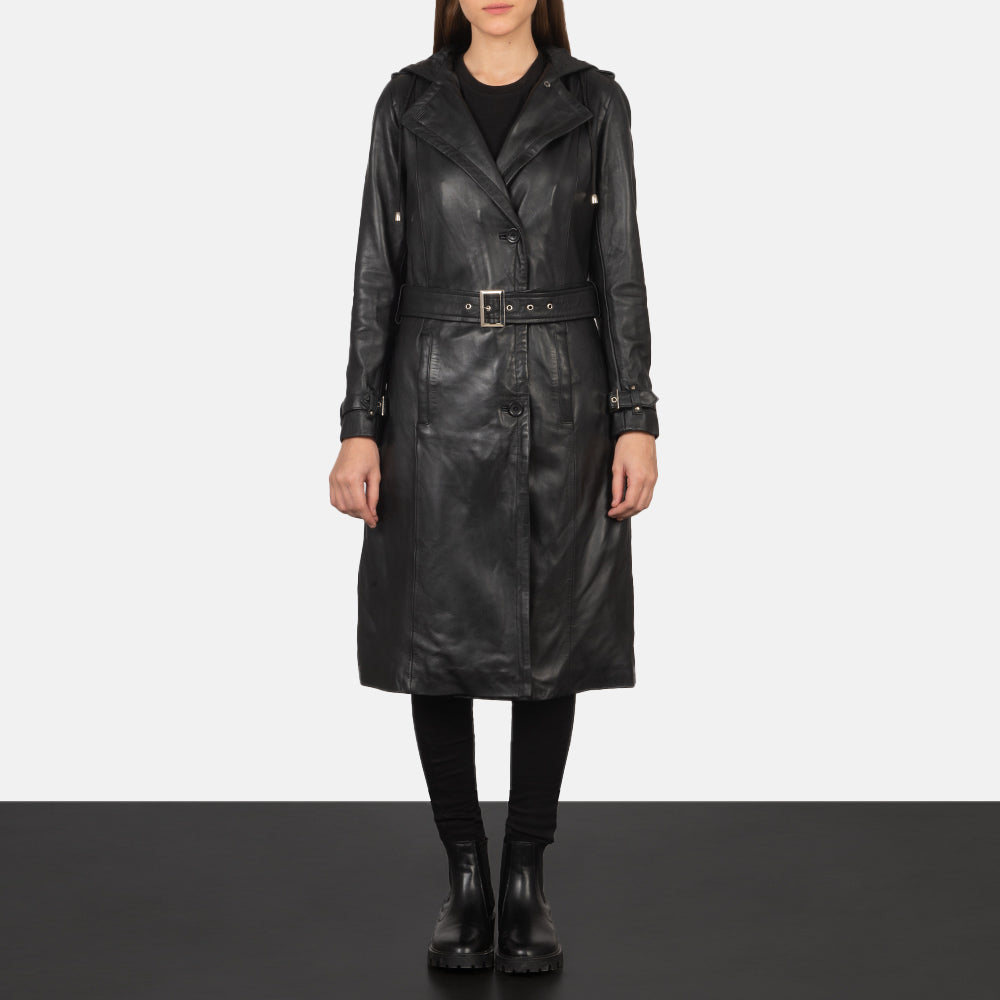 
Fixon Hooded Nero Trench in Pelle da Donna - Vista laterale che mostra il taglio ergonomico delle maniche