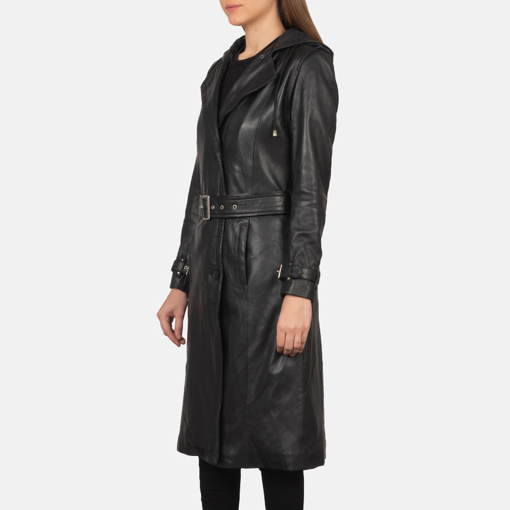 
Dettaglio ravvicinato of Hooded & Button + Belt Hardware on Fixon Hooded Nero Trench in Pelle da Donna