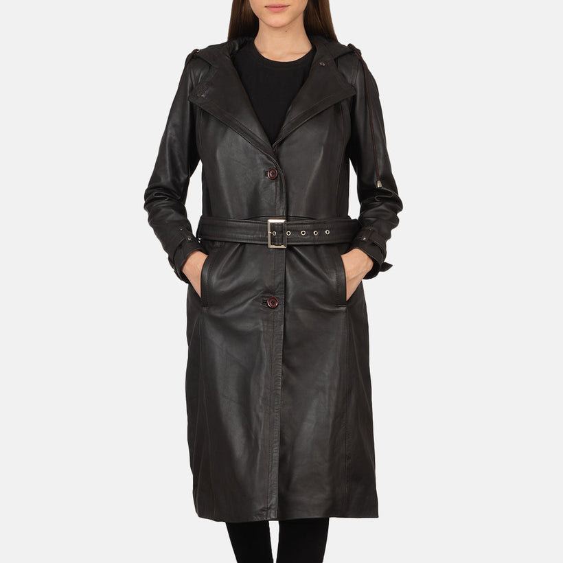 Fixon Hooded Marrone Trench in Pelle da Donna