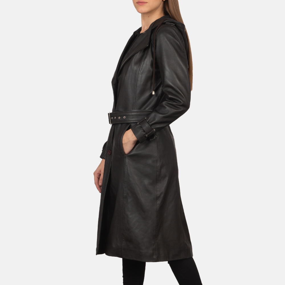 Brown Sheepskin Leather Trench Coat - Vista posteriore con spalle definite e orlo pulito