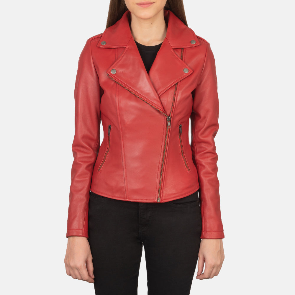 Women's Flashback Red Leather Biker Jacket in Red Sheepskin Leather - Vista frontale e linea su misura | Acquista online