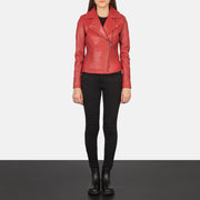 Dettaglio ravvicinato of Notch &amp; Zipper Hardware on Women's Flashback Red Leather Biker Jacket