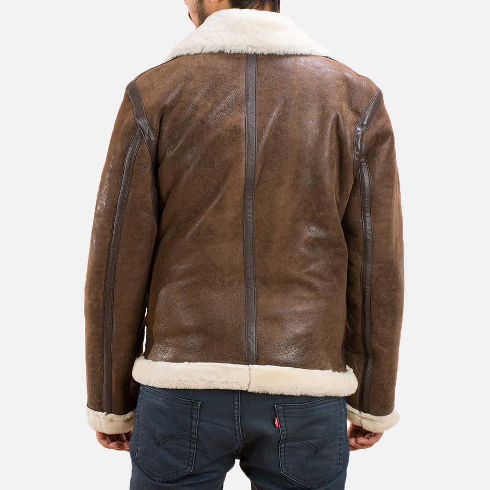 
Distressed Brown Sheepskin Leather Aviator Jacket - Vista posteriore con spalle definite e orlo pulito