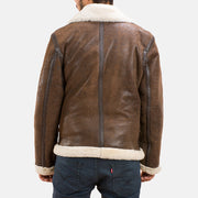 
Distressed Brown Sheepskin Leather Aviator Jacket - Vista posteriore con spalle definite e orlo pulito