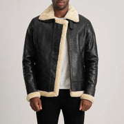 
Francis B-3 Black Leather Bomber Jacket in Black Sheepskin Leather - Vista frontale e silhouette sartoriale | Acquista online