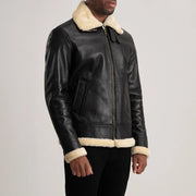 
Black Sheepskin Leather Bomber Jacket - Vista posteriore con spalle definite e orlo pulito