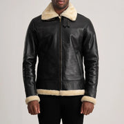 
Dettaglio ravvicinato of Buckled Collar & Zipper Hardware on Francis B-3 Black Leather Bomber Jacket