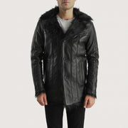 Men's Furcliff Nero Cappotto in Pelle da Uomo in Black Sheepskin Leather - Vista frontale e linea su misura | Acquista online