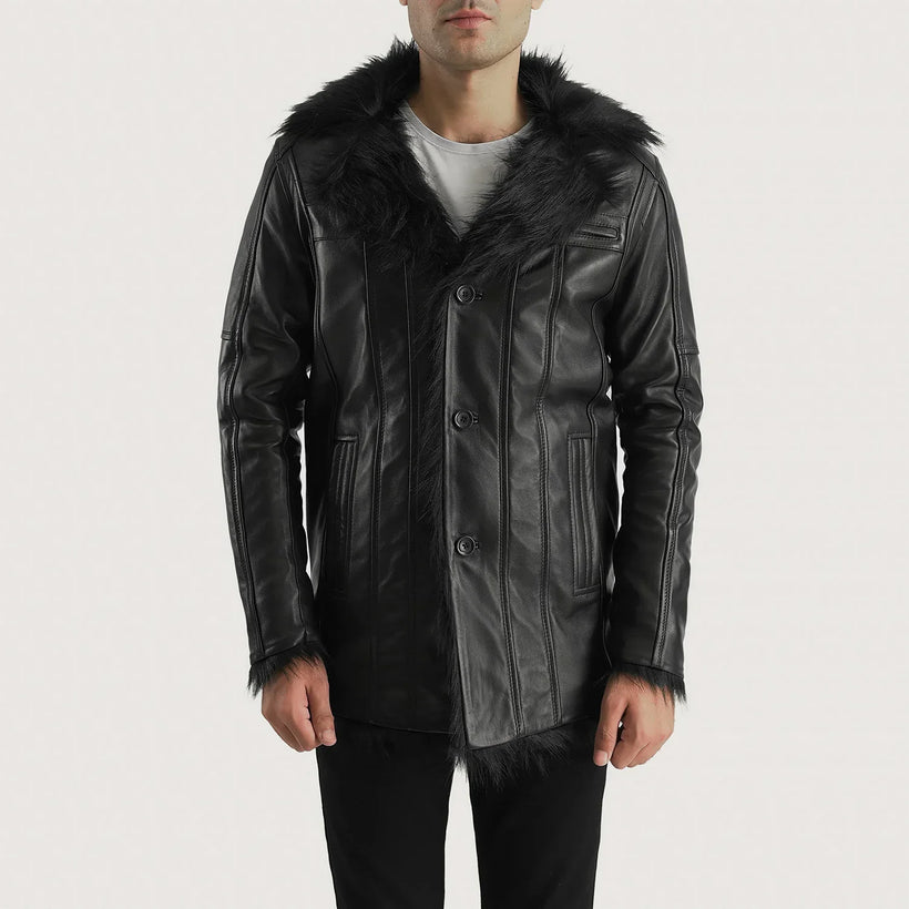 Furcliff Nero Cappotto in Pelle da Uomo