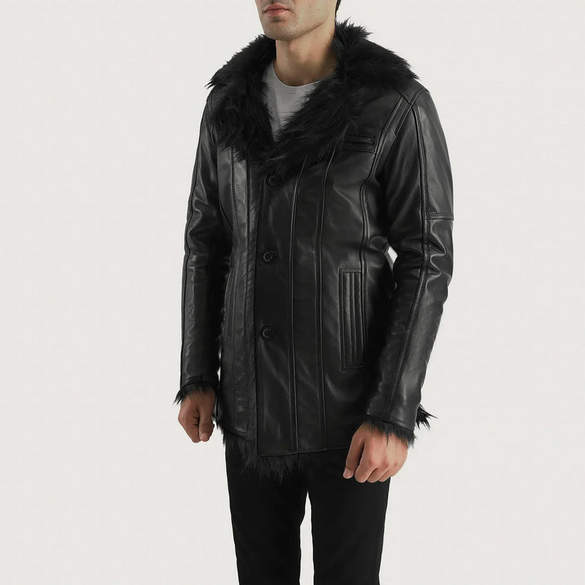 Furcliff Nero Cappotto in Pelle da Uomo