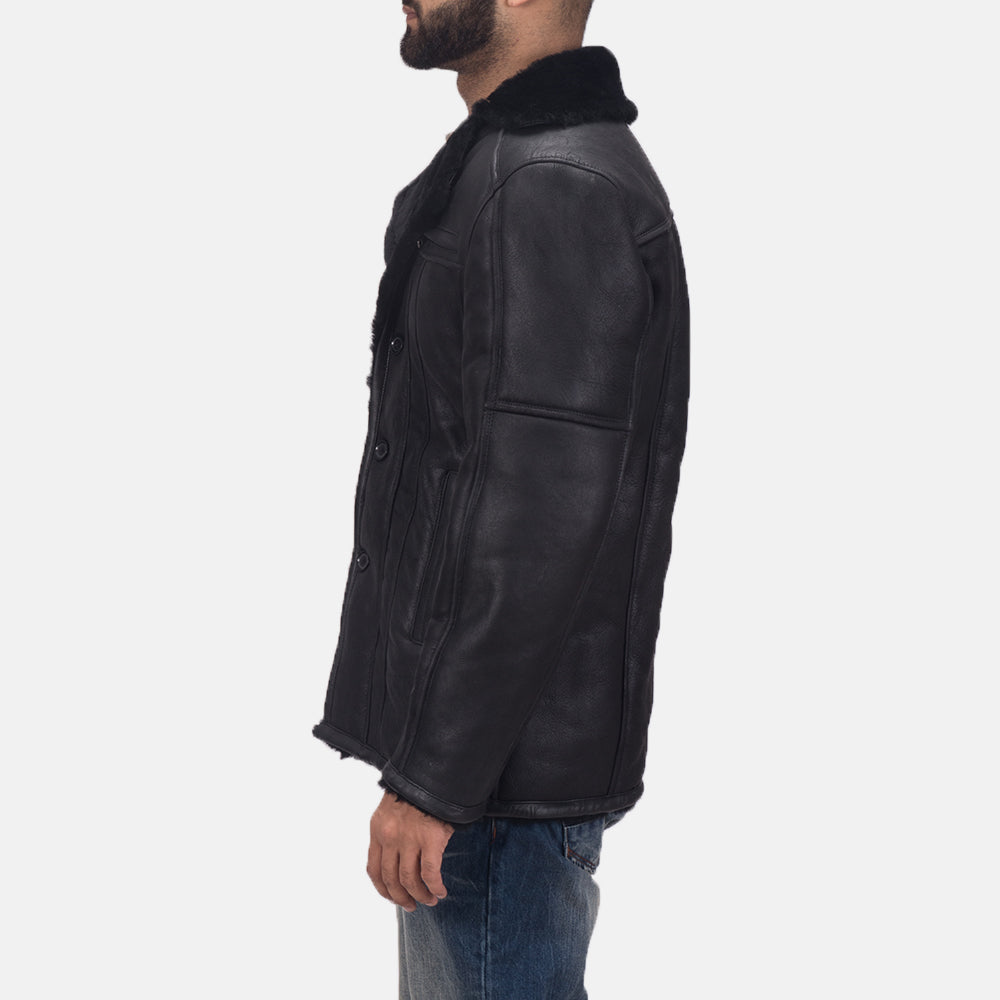 Black Shearling Leather (Double Face) Aviator Jacket - Vista posteriore Showing Tailored Shoulder Fit &amp; Clean Hemline