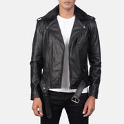 Men's Furton Black Leather Biker Jacket in Black Cowhide Leather - Vista frontale e linea su misura | Acquista online