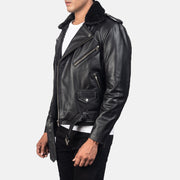 Black Cowhide Leather Biker Jacket - Vista posteriore Showing Tailored Shoulder Fit &amp; Clean Hemline