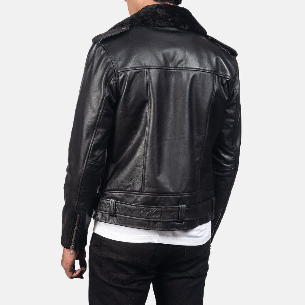 Dettaglio ravvicinato of Notch with Removable Fur &amp; Zipper with Waist belt Hardware on Men's Furton Black Leather Biker Jacket
