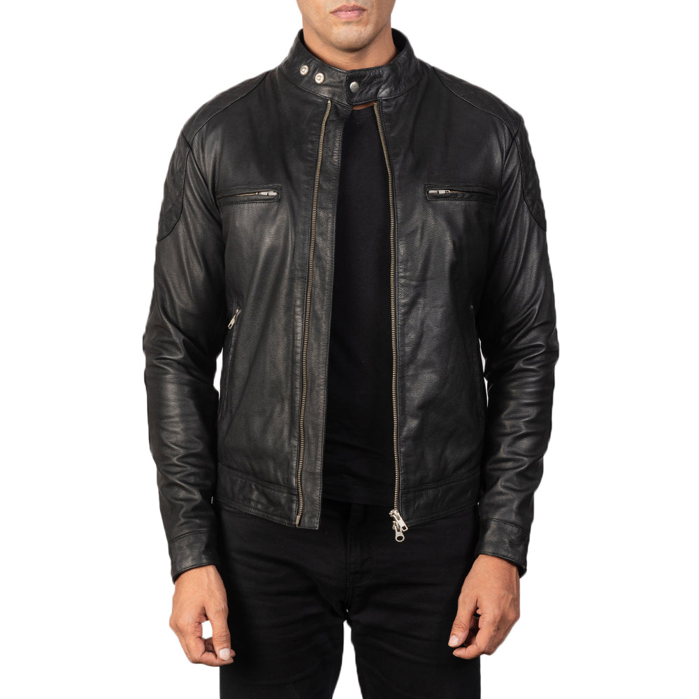 Men's Gatsby Quilted Black Leather Biker Jacket in Black Goatskin Leather - Front Profile View & Tailored Silhouette | Buy Online