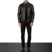 Men's Gatsby Quilted Black Leather Biker Jacket - Lateral Side Profile View Showing Sleeve Cut & Athletic Taper Fit