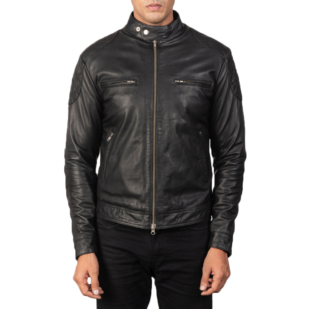 Close-Up Detail of Band with snap buttons & Zipper Hardware on Men's Gatsby Quilted Black Leather Biker Jacket