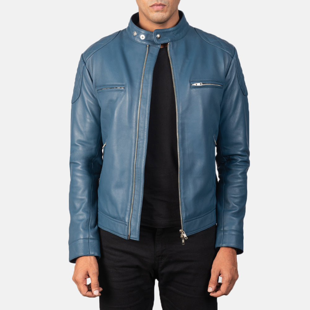 
Gatsby Quilted Blue Leather Biker Jacket in Blue Sheepskin Leather - Vista frontale e silhouette sartoriale | Acquista online