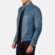 
Blue Sheepskin Leather Biker Jacket - Vista posteriore con spalle definite e orlo pulito