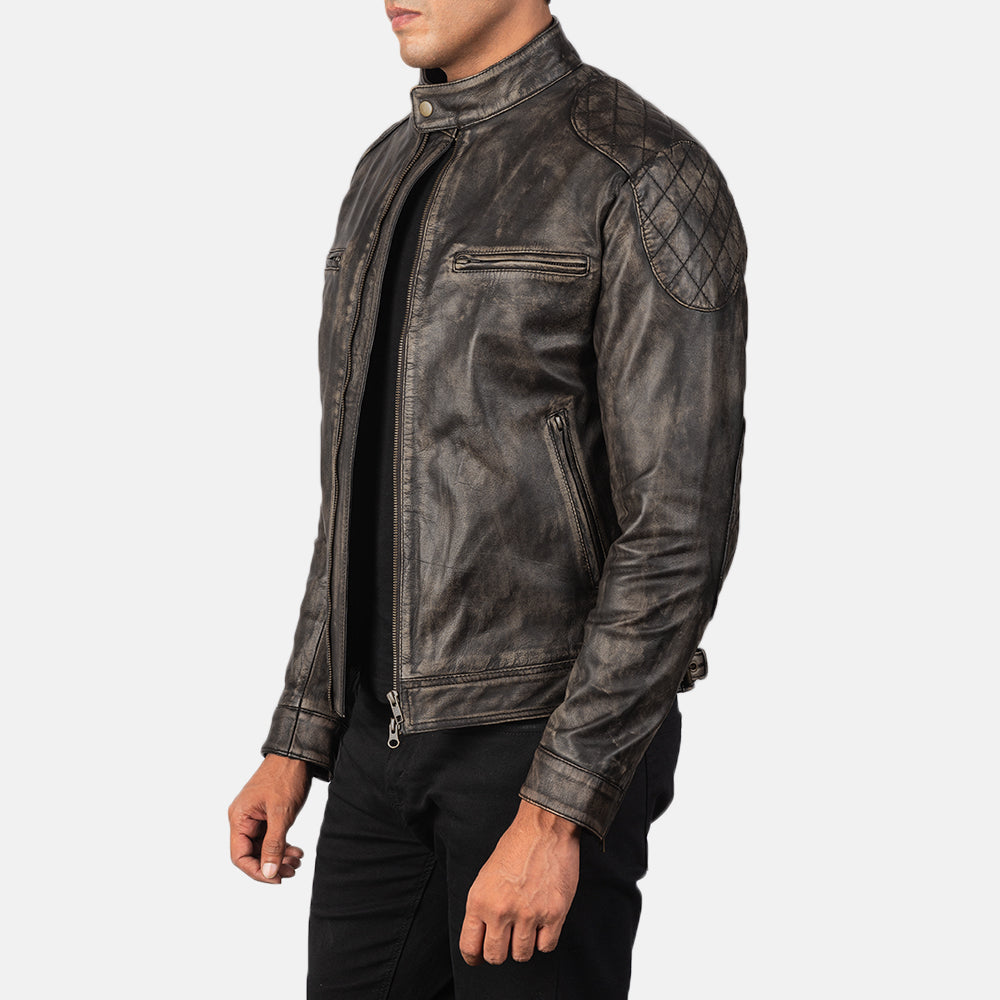 Distressed Brown Goatskin Leather Biker Jacket - Vista posteriore Showing Tailored Shoulder Fit &amp; Clean Hemline