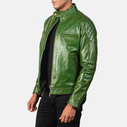 
Green Sheepskin Burnishing Biker Jacket - Vista posteriore con spalle definite e orlo pulito