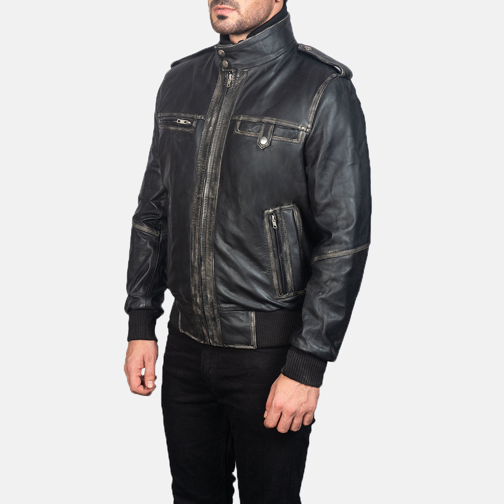 
Black Cowhide Leather Bomber Jacket - Vista posteriore con spalle definite e orlo pulito