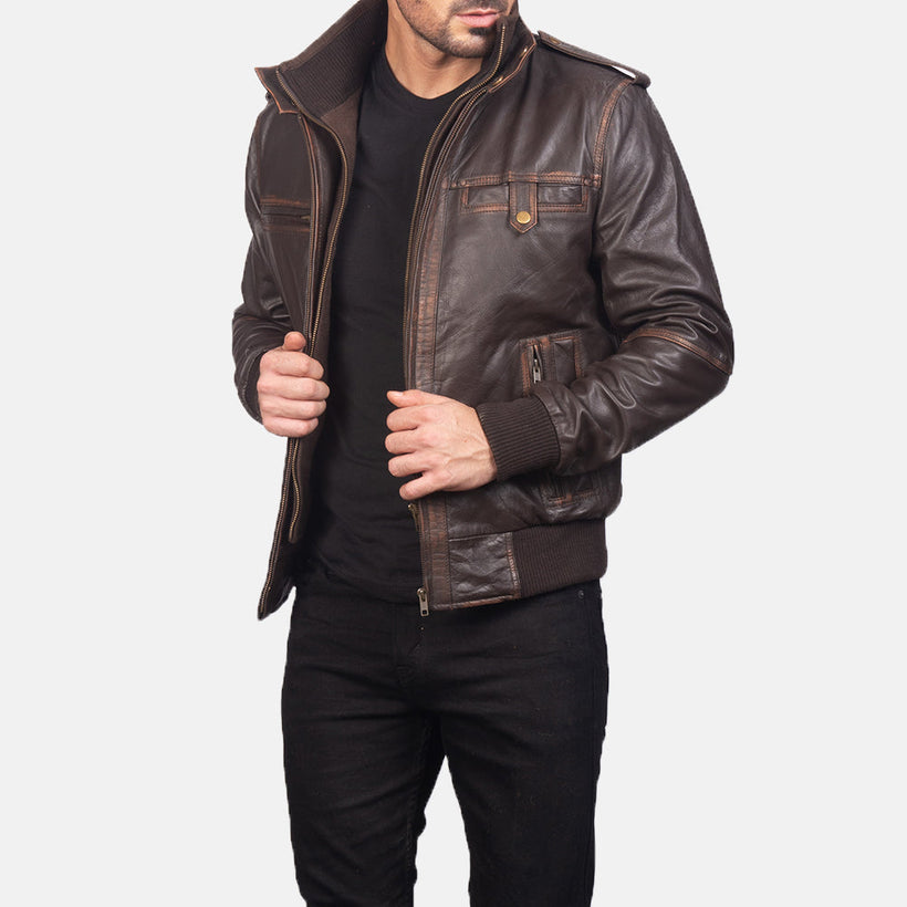 Brown Goatskin Leather Bomber Jacket - Back View Showing Tailored Shoulder Fit & Clean Hemline