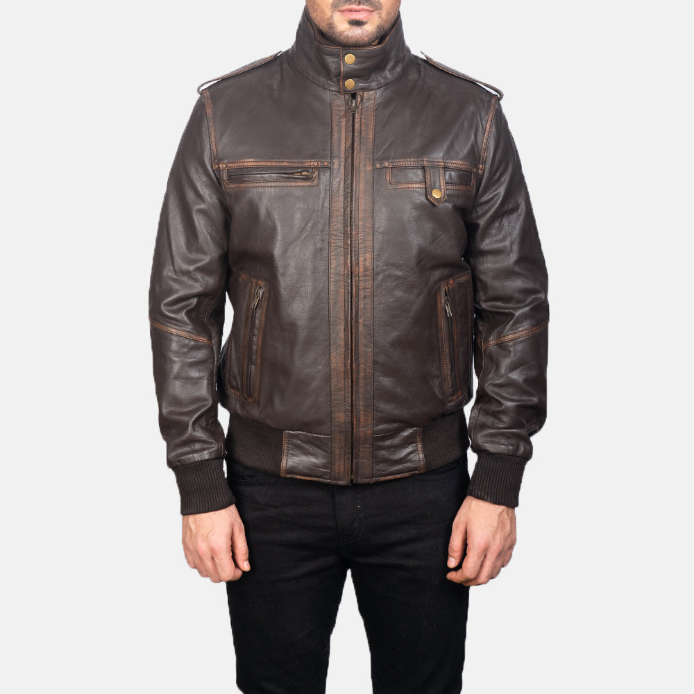 
Dettaglio ravvicinato of High neck & Zipper Hardware on Street Brown Leather Bomber Jacket