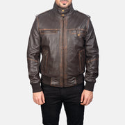 
Dettaglio ravvicinato of High neck & Zipper Hardware on Street Brown Leather Bomber Jacket