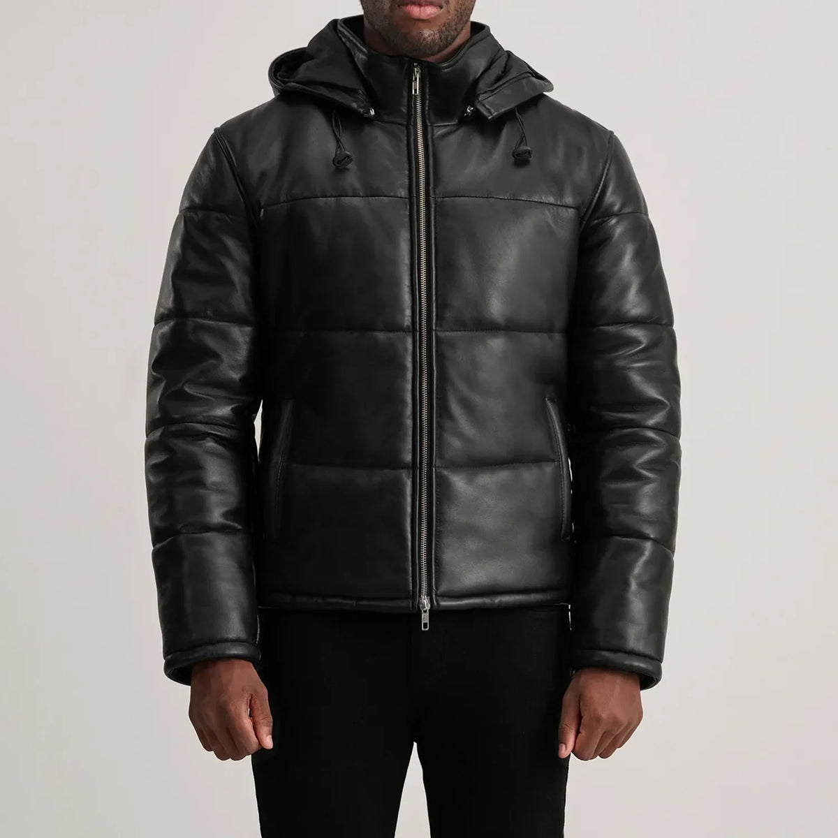 
Dettaglio ravvicinato of High neck & Zipper Hardware on Gordon Tan Hooded Leather Puffer Jacket