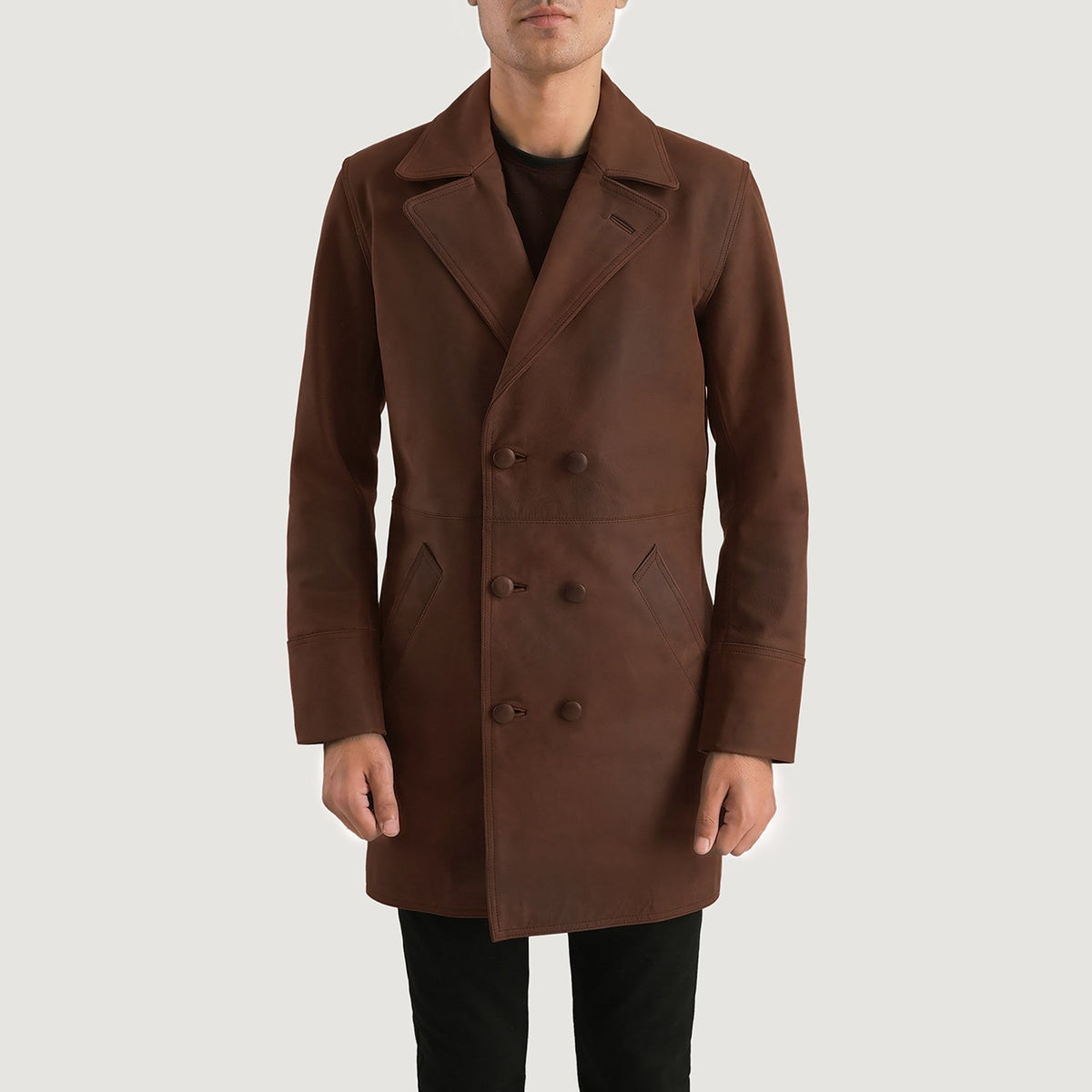 Men's Half Life Marrone Cappotto in Pelle da Uomo in Distressed Brown Cowhide Leather - Vista frontale e linea su misura | Acquista online