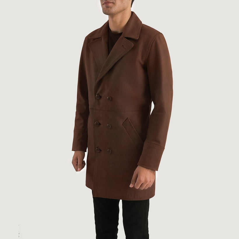 Distressed Brown Cowhide leather Coat - Back View Showing Tailored Shoulder Fit & Clean Hemline