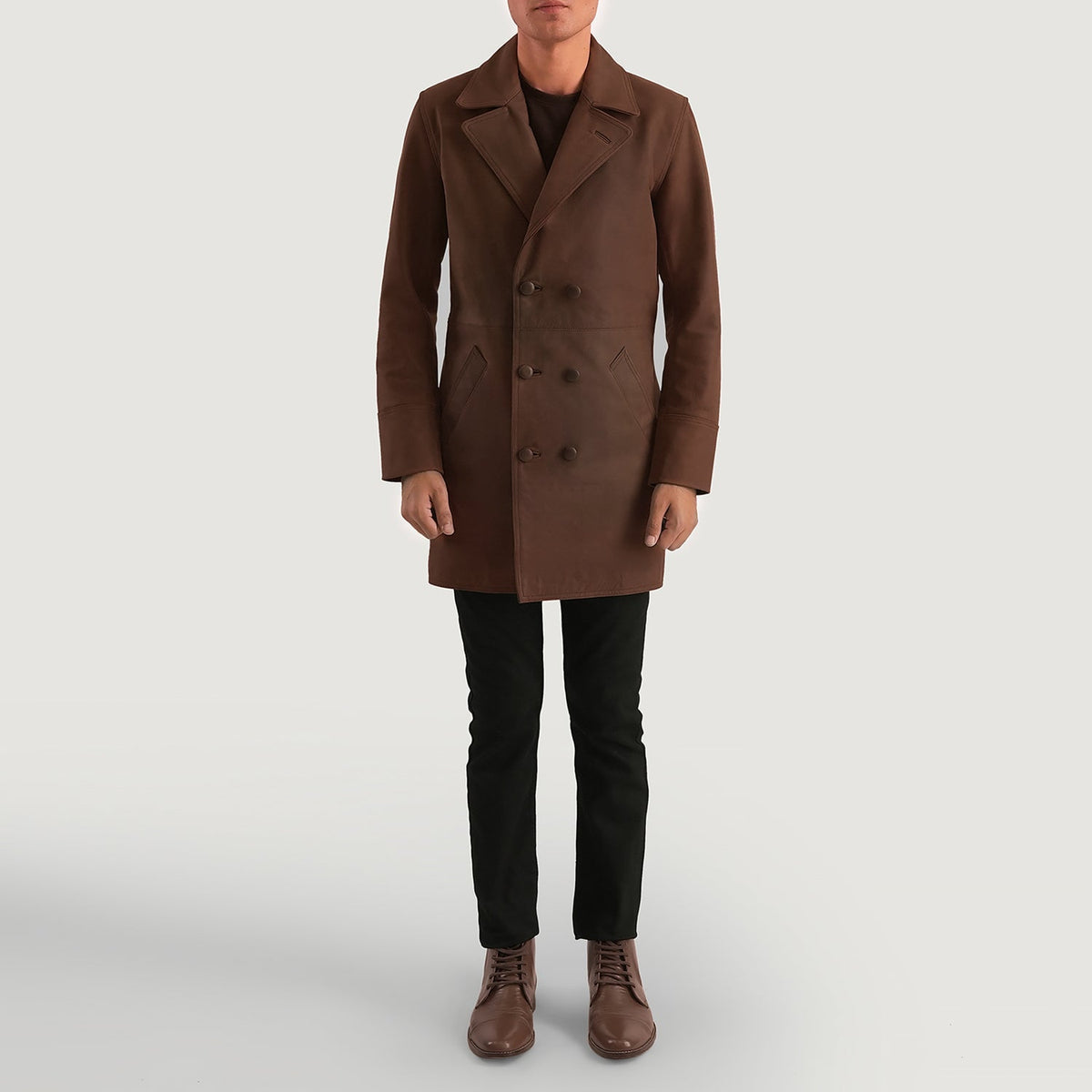 Dettaglio ravvicinato of Notch &amp; Button Hardware on Men's Half Life Marrone Cappotto in Pelle da Uomo