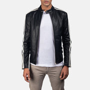 
Hank Nero Giacca Biker in Pelle da Uomo in Black & White Cowhide Leather - Vista frontale e silhouette sartoriale | Acquista online