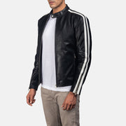 
Black & White Cowhide Leather Biker Jacket - Vista posteriore con spalle definite e orlo pulito