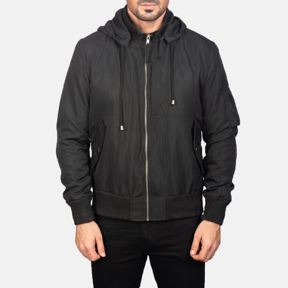 
Dettaglio ravvicinato of Knit Rib with Removable Polyester Hood & Zipper Hardware on Hanklin Ma-1 Black Hooded Bomber Jacket