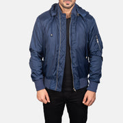
Hanklin MA-1 Blu Hooded Bomber in Pelle da Uomo - Vista frontale e silhouette sartoriale | Acquista online