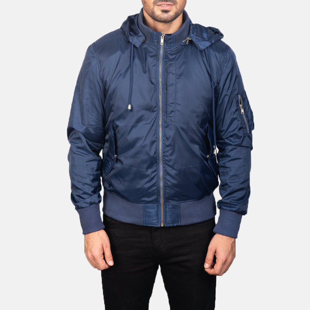 
Dettaglio ravvicinato of Knit Rib with Removable Nylon Hood & Zipper Hardware on Blue Hooded Bomber Jacket