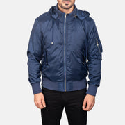 
Dettaglio ravvicinato of Knit Rib with Removable Nylon Hood & Zipper Hardware on Blue Hooded Bomber Jacket