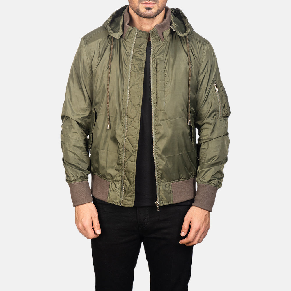 
Hanklin Ma-1 Green Hooded Bomber Jacket in Green Nylon - Vista frontale e silhouette sartoriale | Acquista online