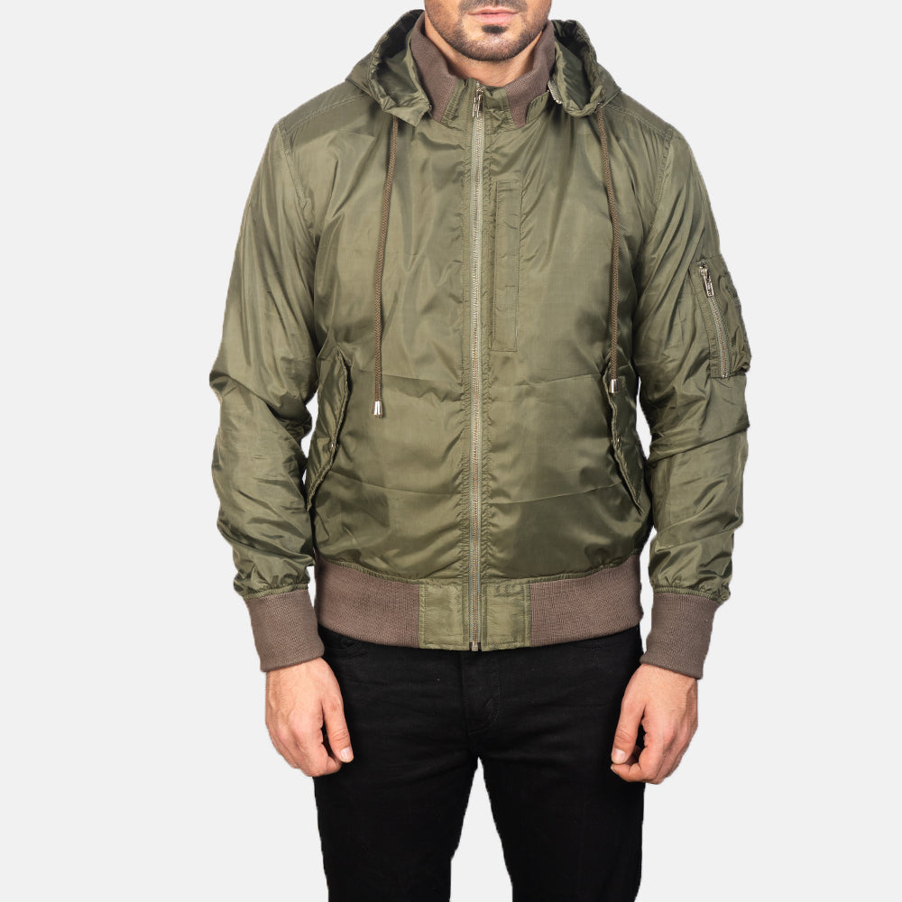 
Dettaglio ravvicinato of Knit Rib with Removable Nylon Hood & Zipper Hardware on Hanklin Ma-1 Green Hooded Bomber Jacket