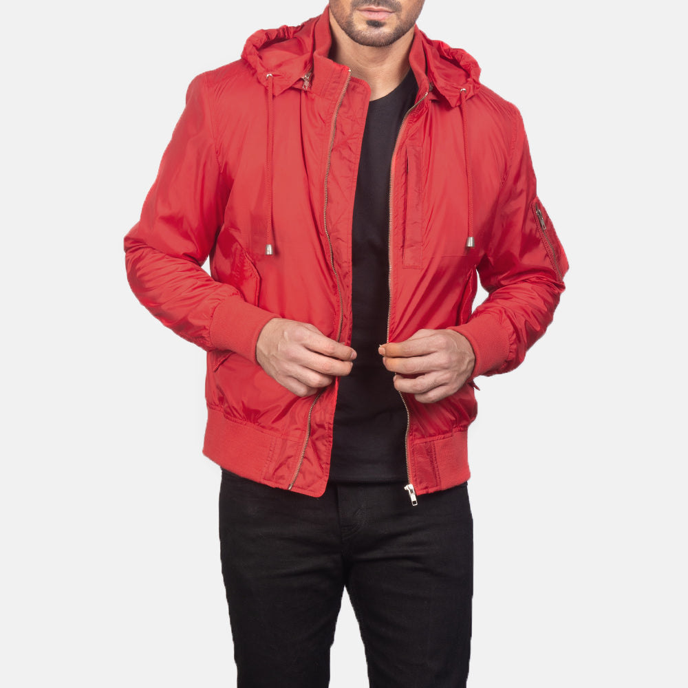 
Hanklin Ma-1 Red Hooded Bomber Jacket in Red Nylon - Vista frontale e silhouette sartoriale | Acquista online